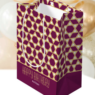 Stylish Happy Birthday Star Pattern Plum Custom Medium Gift Bag