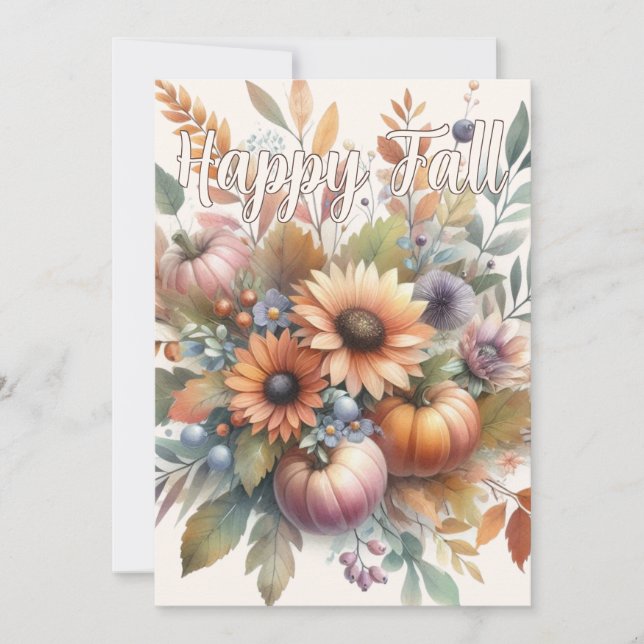Stylish Happy Fall Pumpkin Flower Bouquet Card (Front)