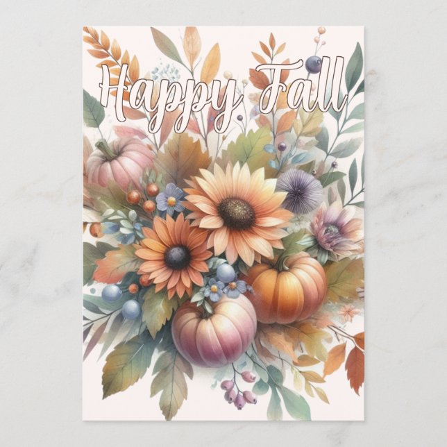 Stylish Happy Fall Pumpkin Flower Bouquet Card (Front)