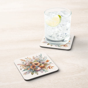 Stylish Happy Fall Pumpkin Flower Bouquet Motif Coaster