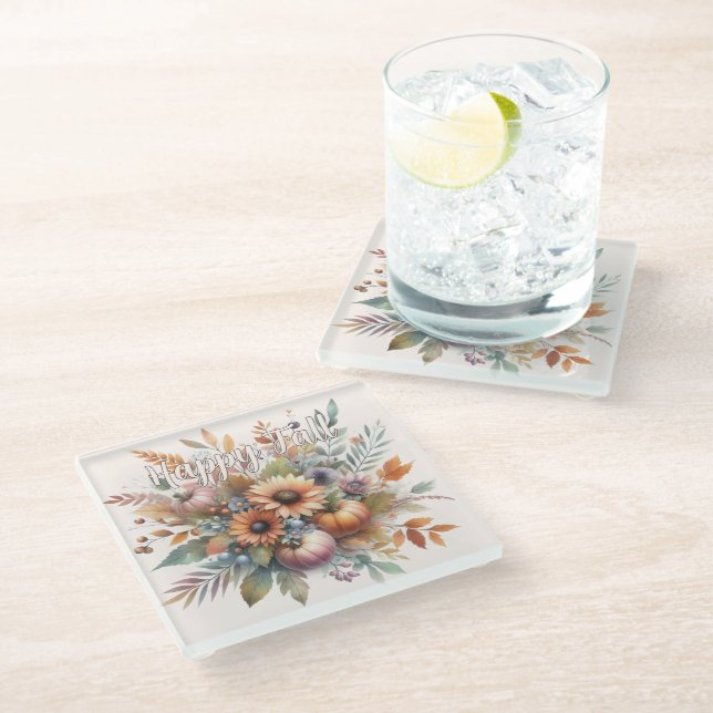 Stylish Happy Fall Pumpkin Flower Bouquet Motif Glass Coaster (Angled)