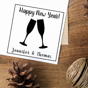 Stylish/Happy New Year + Couple/ Champagne Glasses Rubber Stamp