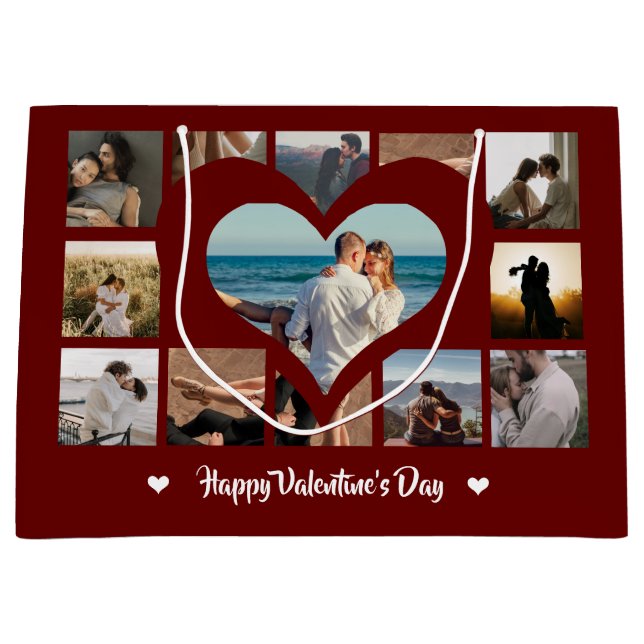 Stylish Happy Valentine XO Photo Collage Red Large Gift Bag (Front)