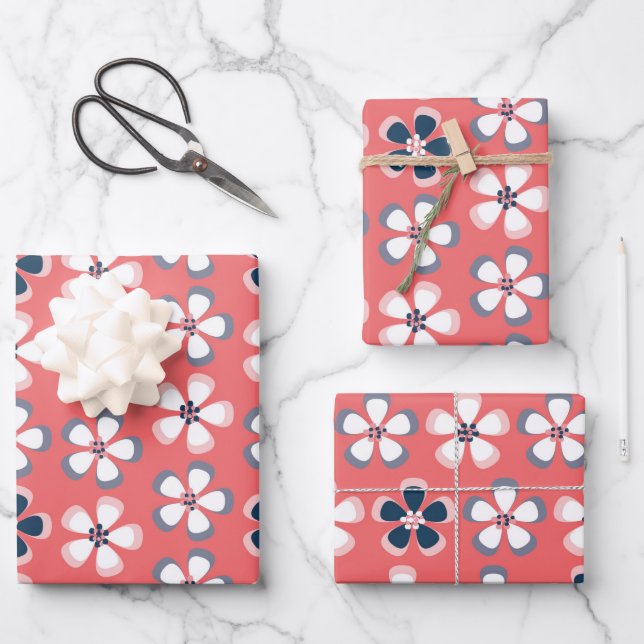 Stylish Hawaiian Floral Pattern Cute Coral Navy  Wrapping Paper Sheet (Front)