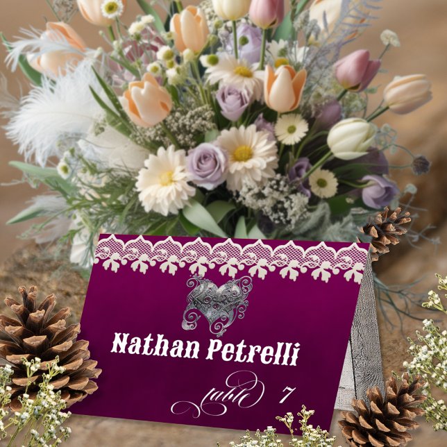 Stylish Heart & Lace - Plum Place Card (Creator Uploaded)