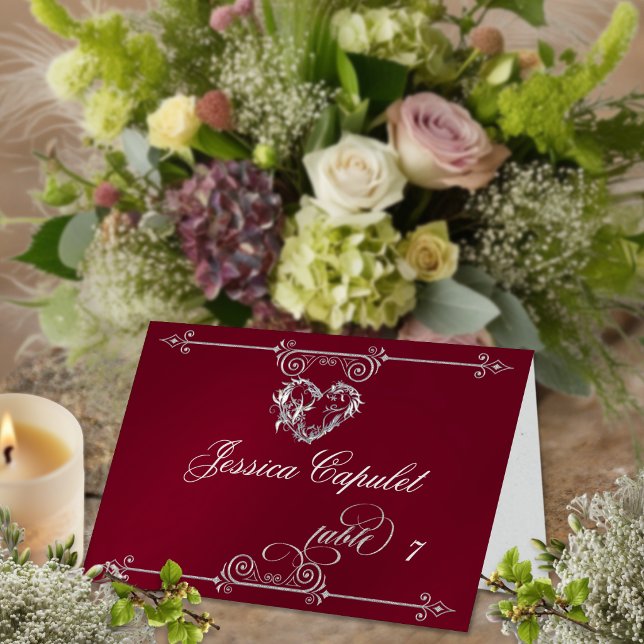 Stylish Heart & Scrolls - Burgundy Place Card (Creator Uploaded)