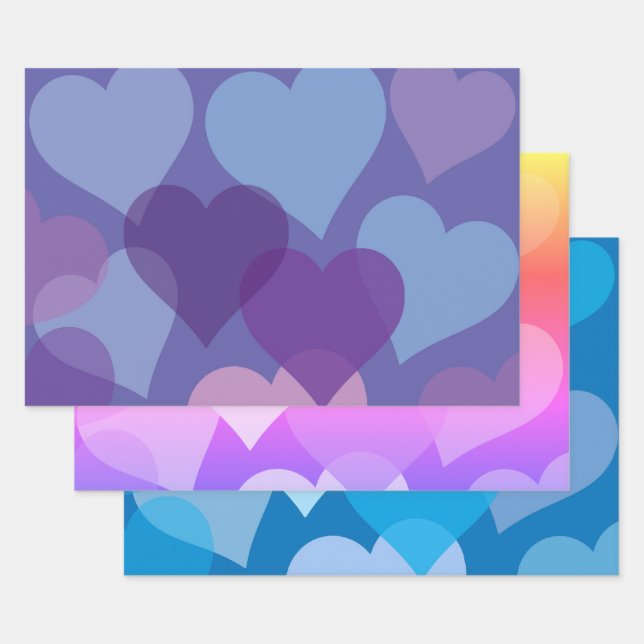 Stylish Hearts Theme Blue Pink Purple Wrapping Paper Sheet (Set)