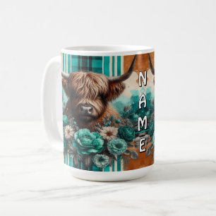 Stylish Highland Cow with Floral and Geometric  Coffee Mug