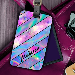 Stylish holographic chic blue pink luggage tag