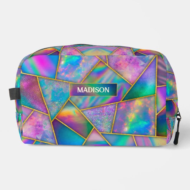 Stylish holographic chic faux gold geometric dopp kit (Front)