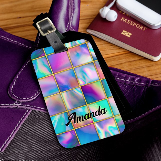 Stylish holographic trendy faux gold geometric luggage tag (Creator Uploaded)