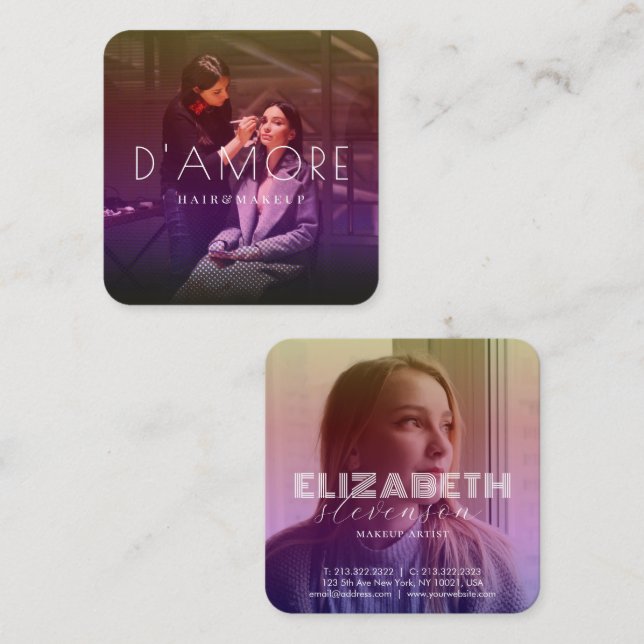 Stylish Holography Gold and Pink Abstract 2 Photos Square Business Card (Front/Back)