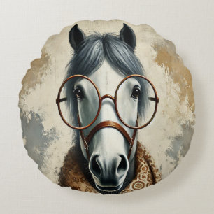 Stylish Horse with Glasses – Funny Vintage Art Round Cushion