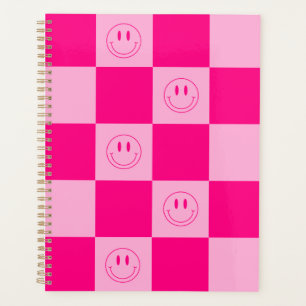 Stylish Hot Pink Chequered & Cute Happy Smile Planner