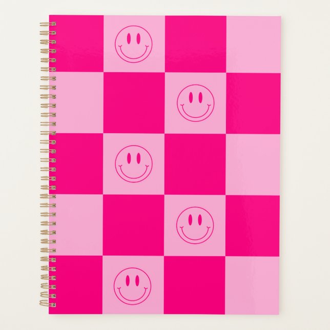 Stylish Hot Pink Chequered & Cute Happy Smile Planner (Front)