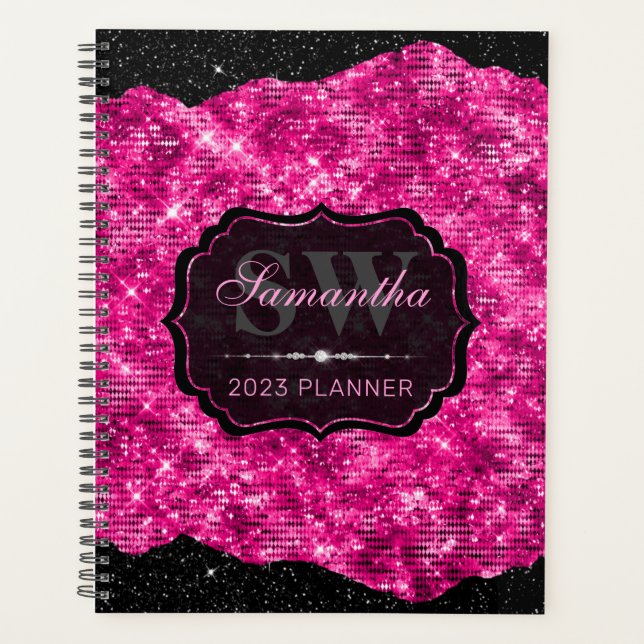 Stylish Hot Pink Glitter and Black Edges Monogram Planner (Front)