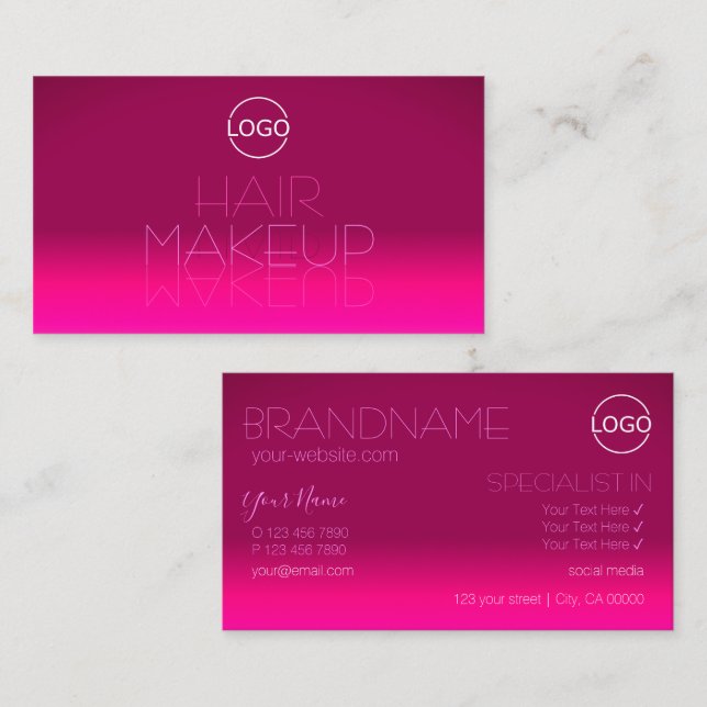 Stylish Hot Pink Gradient  Mirror Font with Logo Business Card (Front/Back)