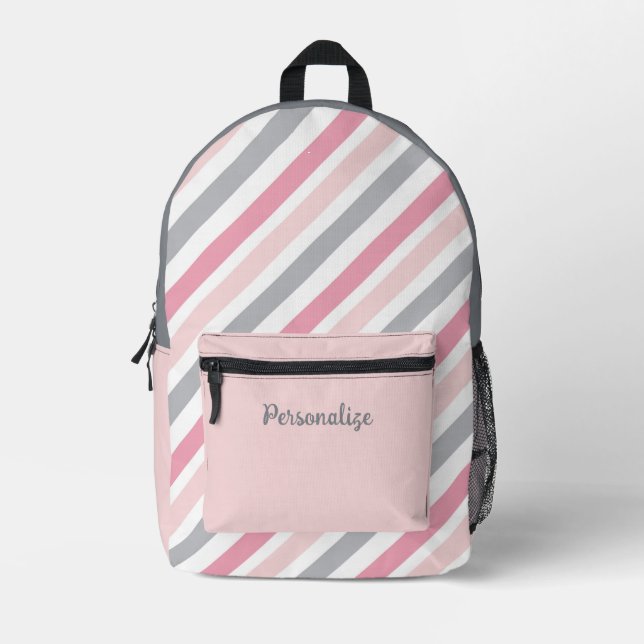 Stylish Hot Pink & Grey Angled Stripes Personalise Printed Backpack (Front)