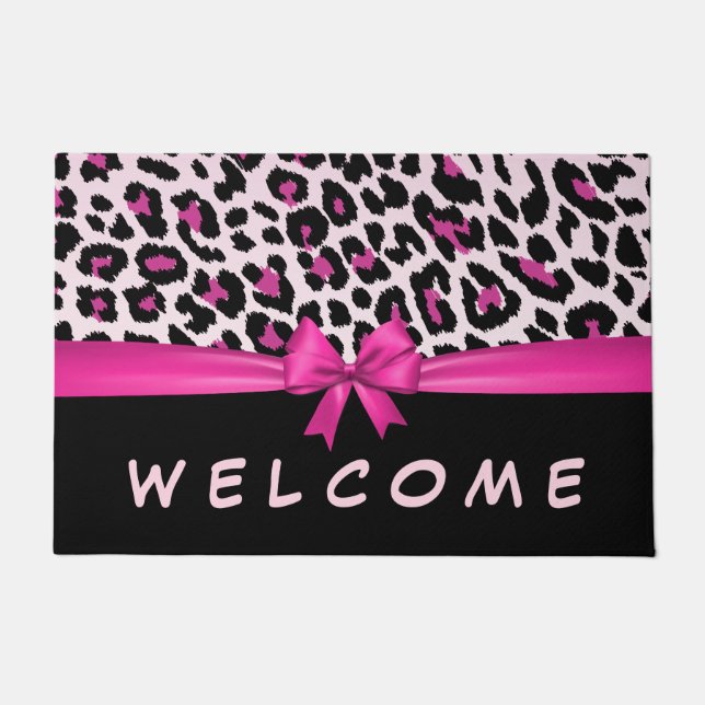Stylish Hot Pink Leopard Print Ribbon Welcome Home Doormat (Front)