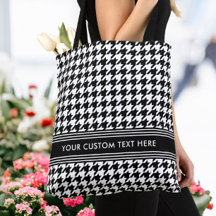 Stylish Houndstooth Personalised Black White Tote Bag