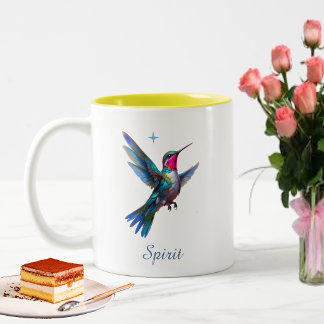 Stylish Hummingbird and Script on White Two-Tone Coffee Mug