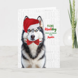 Stylish Husky Dog Funny Fleas Navidog with Name Holiday Card