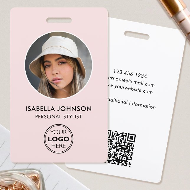 Stylish ID Photo Logo QR Code Blush Pink Security ID Badge (Creator Uploaded)