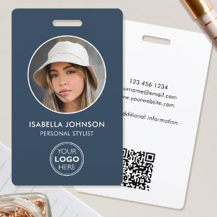 Stylish ID Photo Logo QR Code Slate Blue Security ID Badge