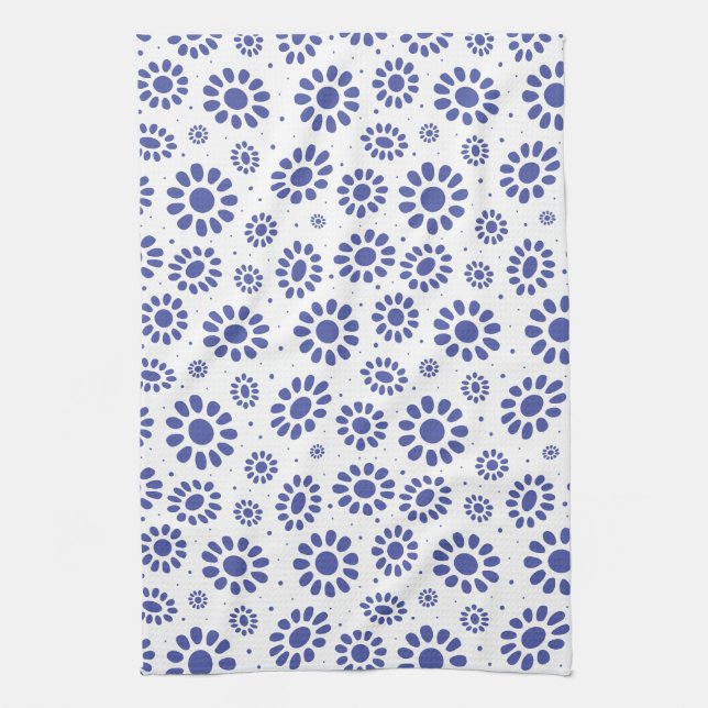 Stylish Indigo Blue and White Daisy Pattern Tea Towel (Vertical)
