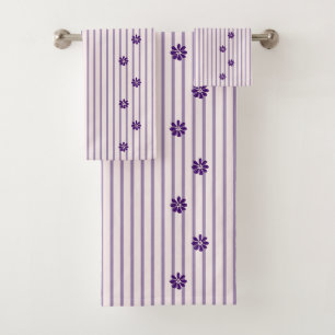 Stylish Indigo Flowers, Blush & Violet Striped Bath Towel Set