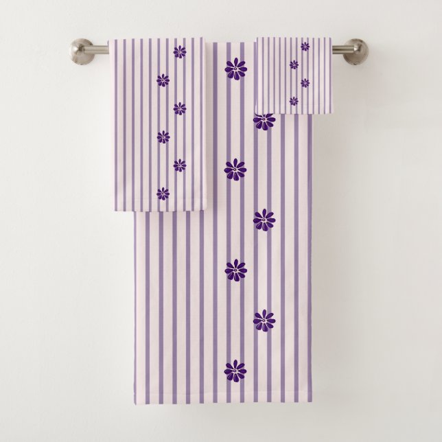 Stylish Indigo Flowers, Blush & Violet Striped Bath Towel Set (Insitu)