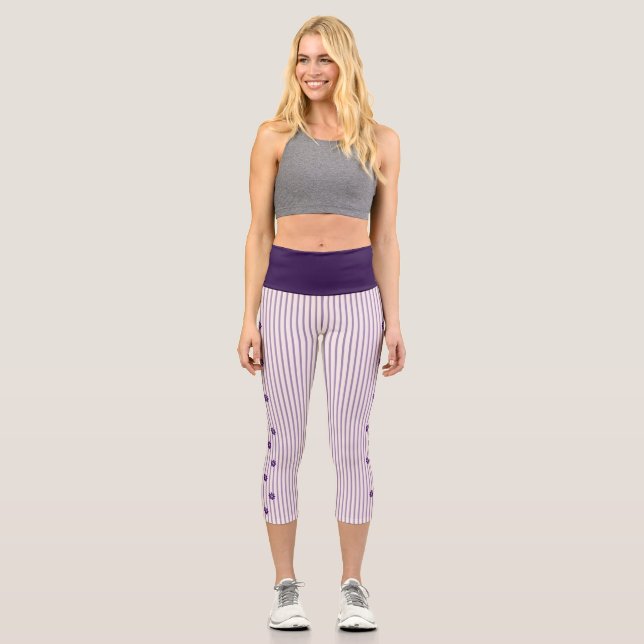 Stylish Indigo Flowers, Blush, Violet Striped Capri Leggings (Front)