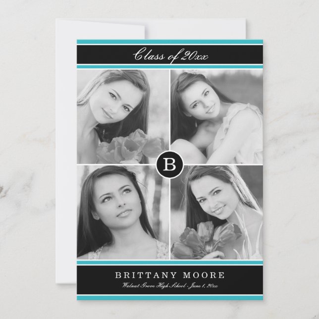 Stylish Initial Graduation Invitation - Turquoise (Front)