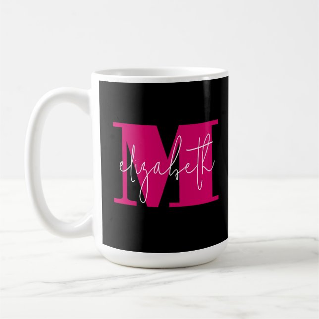 Stylish Initial Letter Monogram and Name Black Coffee Mug (Left)