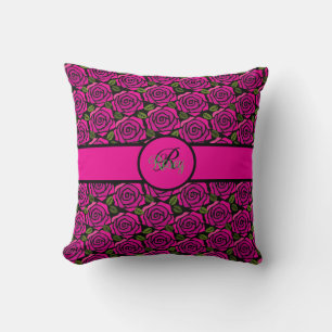 Stylish Initial Name Hot Pink Magenta Roses Custom Cushion