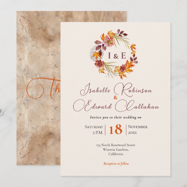 Stylish Initials Rustic Brown Fall Wreath Wedding  Invitation (Front/Back)