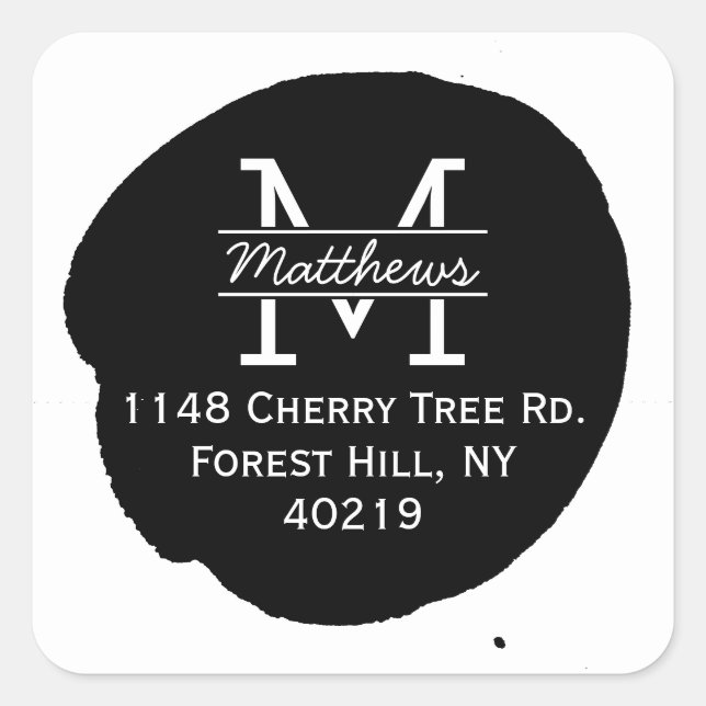 Stylish Ink Splatter Custom Monogram Square Sticker (Front)