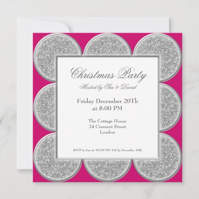 Stylish Invitation Silver Glitter Frame Pink (Front)
