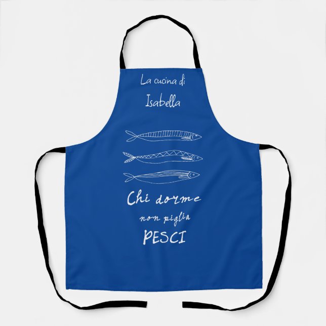 Stylish italian kitchen sardines drawing blue apron (Front)