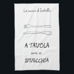 Stylish italian kitchen spoon fork quote tea towel<br><div class="desc">Stylish hand drawn italian kitchen apron for personalised gifts. Spoon fork drawing with an Italian saying which means "at the table you don't grow old". Collection of whymsical drawings in kitchen art theme. Inspired by Italian vintage cooking, Italian food recipes and vegan healthy veggies. Examples of coffee pots, sardines, kitchen...</div>