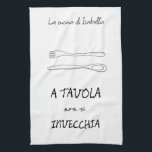 Stylish italian kitchen spoon fork quote tea towel<br><div class="desc">Stylish hand drawn italian kitchen apron for personalised gifts. Spoon fork drawing with an Italian saying which means "at the table you don't grow old". Collection of whymsical drawings in kitchen art theme. Inspired by Italian vintage cooking, Italian food recipes and vegan healthy veggies. Examples of coffee pots, sardines, kitchen...</div>