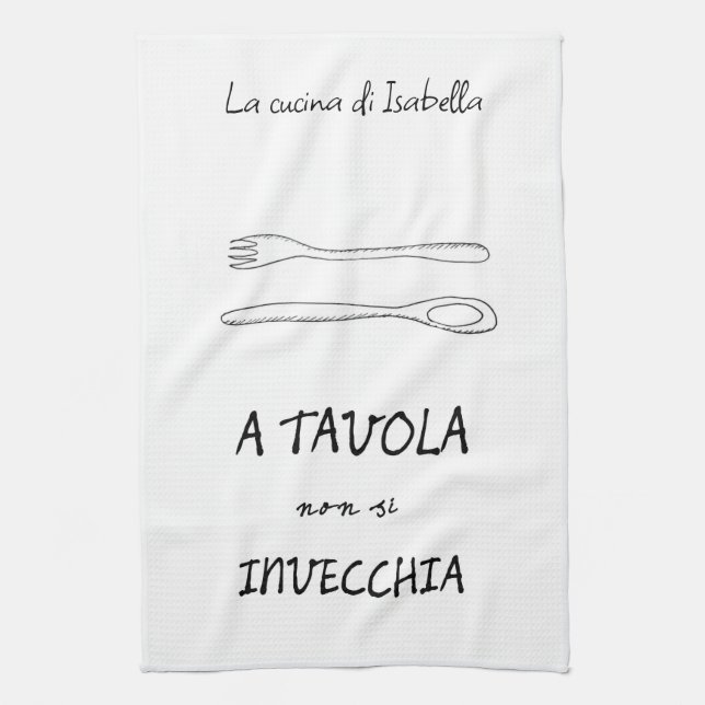 Stylish italian kitchen spoon fork quote tea towel (Vertical)