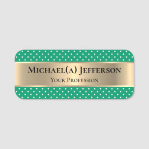 Stylish Jade Green And Polka Dot: Chic Luxury Gold Name Tag