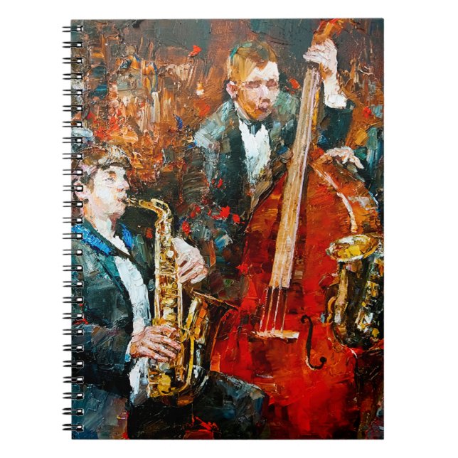 Stylish jazz band playing music on the scene, back notebook (Front)