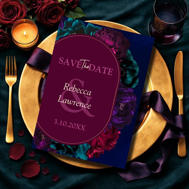 Stylish jewel tones floral burgundy navy wedding  save the date (Creator Uploaded)
