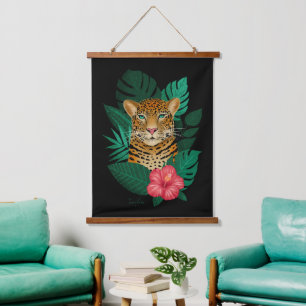Stylish Jungle Leopard Floral Art   Green Black Hanging Tapestry