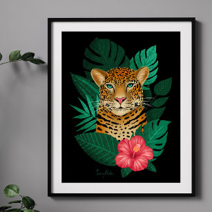 Stylish Jungle Leopard Floral Art   Green Black Poster