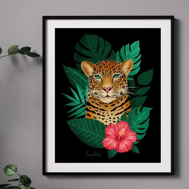Stylish Jungle Leopard Floral Art | Green Black Poster (Creator Uploaded)