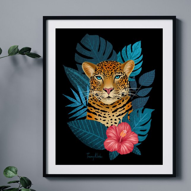 Stylish Jungle Leopard Floral Art | Navy Blue Poster (Creator Uploaded)