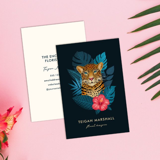 Stylish Jungle Leopard Hibiscus Flower | Blue Business Card (Creator Uploaded)